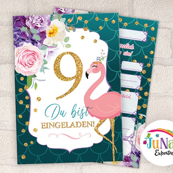 Einladungskarten zum 9. Kindergeburtstag Mädchen Flamingo Einladungen zum neunten Geburtstag Kinder (für 6 bis 12 Personen)