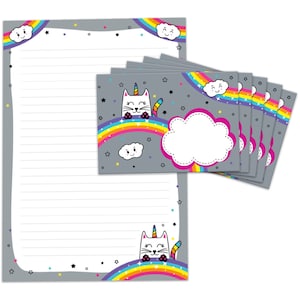 Briefpapier als Block + 15 Briefumschläge Einhorn-Katze Kindermotiv für Mädchen