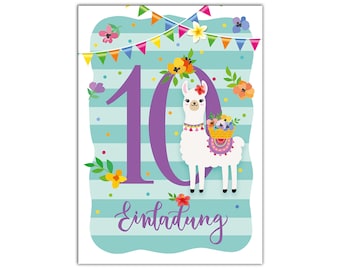 Girls 10th Birthday Invitation Cards Llama Tenth Birthday Invitations Kids (for 6 to 12 people)