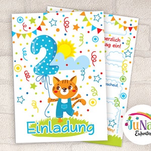 Einladungskarten zum 2. Geburtstag Mädchen Junge Katze Einladungen zweite Geburtstag Kindergeburtstag (für 6 bis 12 Personen)