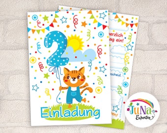Einladungskarten zum 2. Geburtstag Mädchen Junge Katze Einladungen zweite Geburtstag Kindergeburtstag (für 6 bis 12 Personen)