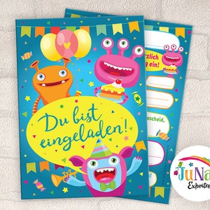 Einladungskarten zum Kindergeburtstag Mädchen Jungen lustige Monster Einladungen Geburtstag Kinder (für 6 bis 12 Personen)
