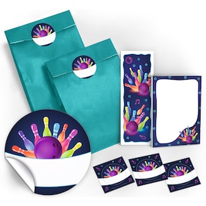 Mitgebsel Gastgeschenke Kindergeburtstag Bowling Kegeln Geschenktüten + Aufkleber + Lesezeichen + Notizblöcke Mädchen Jungen Bowling-Party