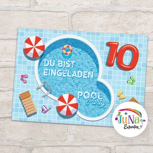 Einladungskarten zum 10. Kindergeburtstag Mädchen Jungen Schwimmbad Einladungen zehnte Geburtstag Kinder Pool-Party  (für 6 bis 12 Personen)