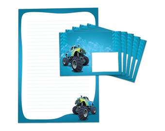 Stationery as notepad + 15 envelopes monster truck children's motif