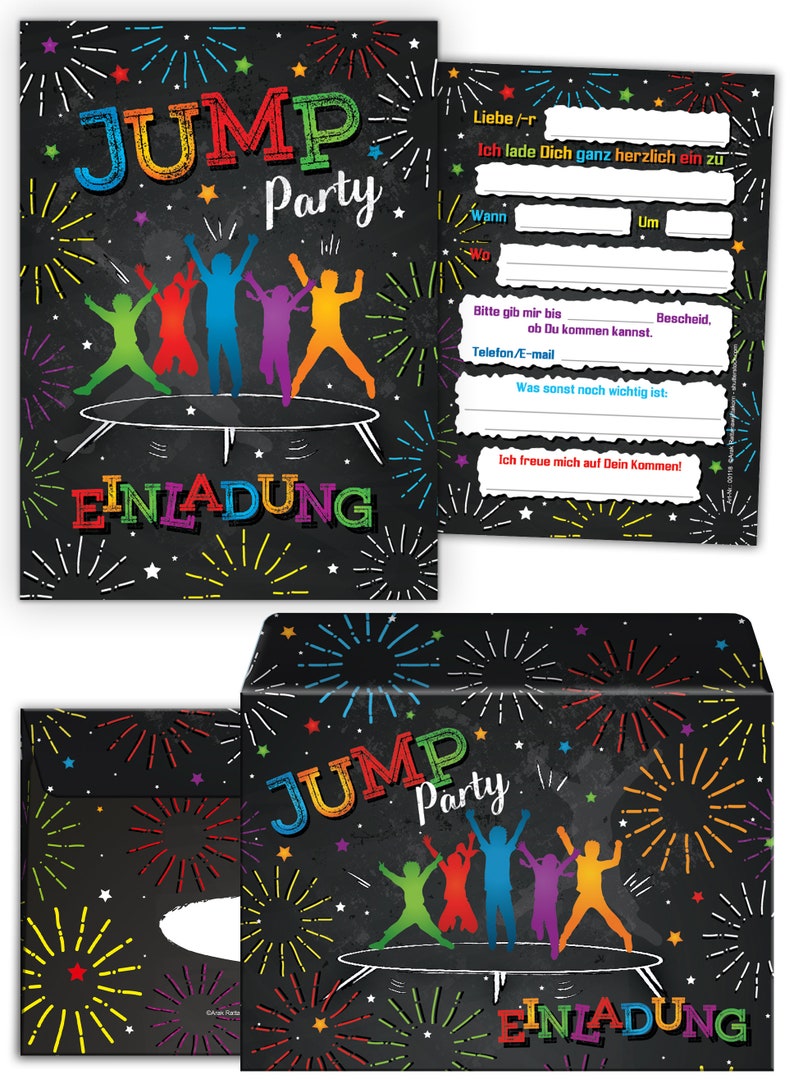Einladungskarten zum Kindergeburtstag Jump Trampolin Mädchen Jungen Einladungen zum Geburtstag Batut für 6 bis 12 Personen Variante Nr. 2