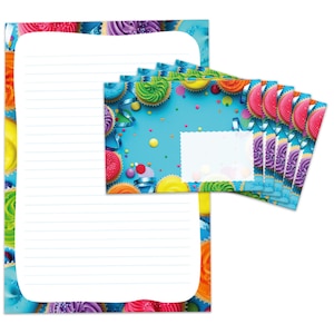 Briefpapier als Block + 15 Briefumschläge Muffins Kindermotiv für Jungen Mädchen
