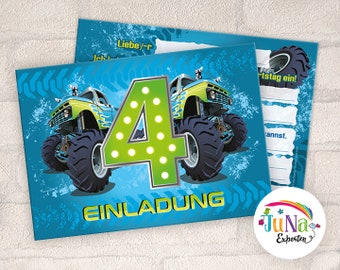 Einladungskarten zum 4. Kindergeburtstag Monster-Truck Jungen Einladungen zum vierten Geburtstag Kinder (für 6 bis 12 Personen)