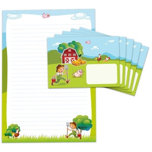 Briefpapier als Block + 15 Briefumschläge Bauernhof Kindermotiv für Jungen Mädchen