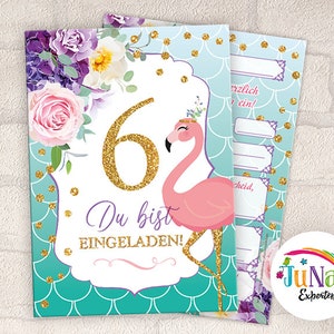 Einladungskarten zum 6. Kindergeburtstag Mädchen Flamingo Einladungen zum sechsten Geburtstag Kinder (für 6 bis 12 Personen)