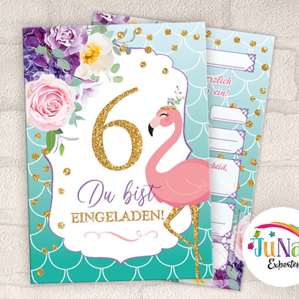 Einladungskarten zum 6. Kindergeburtstag Mädchen Flamingo Einladungen zum sechsten Geburtstag Kinder (für 6 bis 12 Personen)