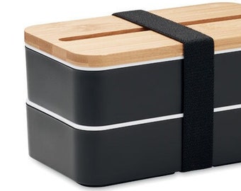 Nachhaltige 2-Ebenen Lunchbox 'Peak' mit Bambusdeckel und Smartphone-Halter, inkl. Besteck und Trennwand – schwarz - 400ml (2x)