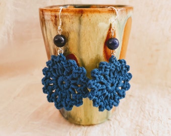 gehäkelte Ohrhänger, blau, Glasperle, Ohrringe, Frauen, Earrings, crochet, Baumwolle, Fischerhaken 925 Silber