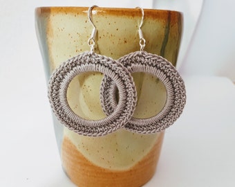 gehäkelte Ohrhänger, grau, Ohrringe, Frauen, Earrings, crochet, Baumwolle, Fischerhaken 925 Silber