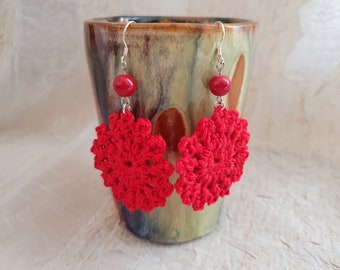 gehäkelte Ohrhänger, rot, Glasperle, Ohrringe, Frauen, Earrings, crochet, Baumwolle, Fischerhaken 925 Silber