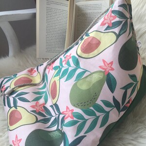 Reading pillow, linen, large, flexible, avocado pillow, avocado on fabric, tablet bookend, tablet holder, book holder, tablet cushion