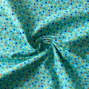 Rainbow Confetti Polka Dots on Blue 43&quot; Wide 100% Cotton Quilting Fabric - Sold By 1/2 Yard and Yard