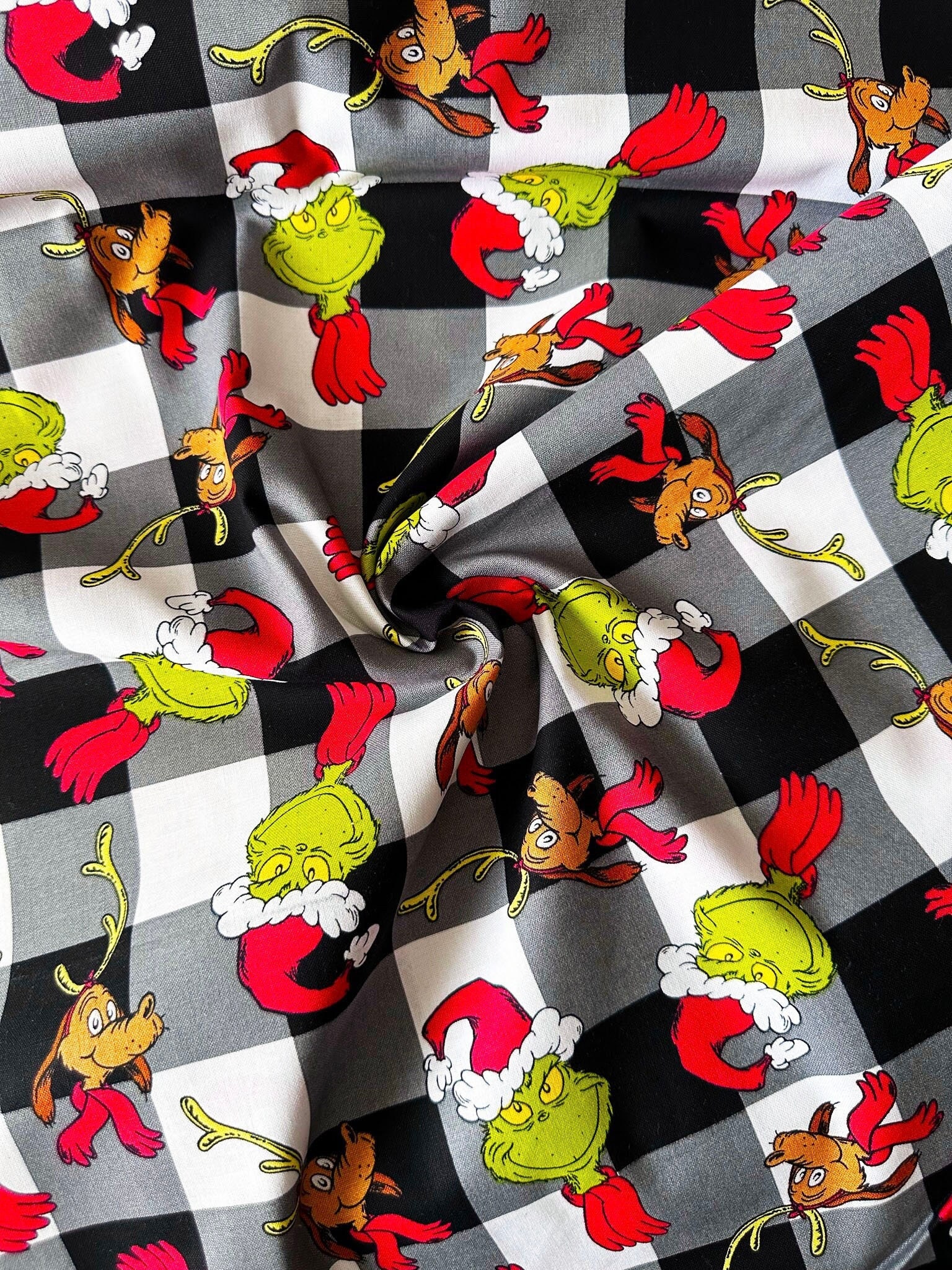 Robert Kaufman Black and White Buffalo Check Dr Seuss' How The Grinch Stole Christmas and Max 44" Wide 100% Cotton Licensed Fabric - BTY