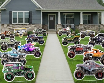 Monster Jam 15-Piece Mega Yard Kit– Outdoor Lawn Display for Birthday Parties or Use as Indoor Decor. 14 Truck Signs and 1 Logo Yard Sign.