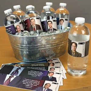 The Office Water Bottle Labels (Set of 16)– Characters from the TV Show on each, plus a Hilarious Quote and a Unique Tie. Party Decor
