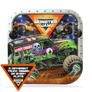 May include: Square paper plate featuring a Monster Jam Grave Digger monster truck with green and black flames. The plate has a blue background with stars and the Monster Jam logo. The text "A different truck design on every plate" is printed on the bottom of the plate.
