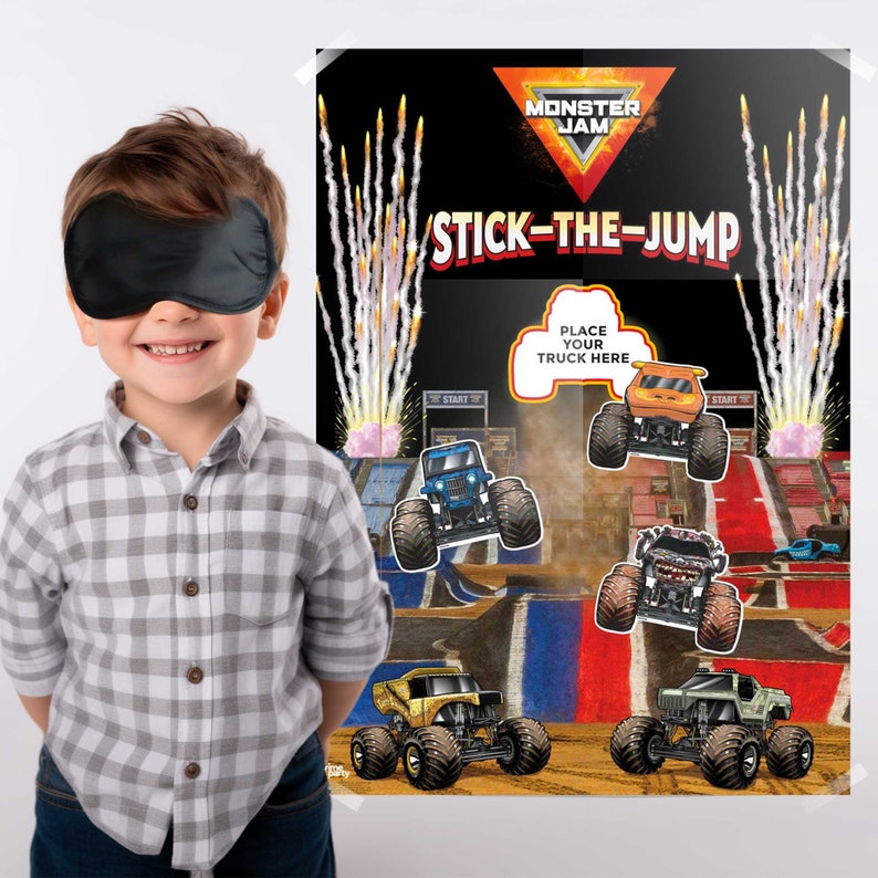 May include: A Monster Jam themed game called "Stick-the-Jump" with a black background and colorful graphics. The game includes a red, white, and blue race track with four monster trucks. The game instructions say "Place your truck here".