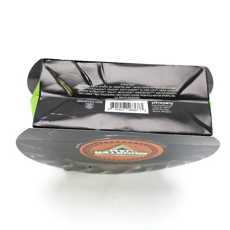 May include: A black and green Monster Jam toy truck box with a Monster Jam logo and the words "Prime Party" and "Made in China".