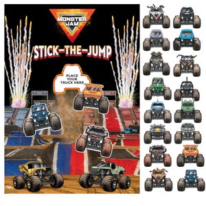 May include: A Monster Jam Stick-the-Jump game with a colorful background and a variety of monster trucks to choose from. The game includes a place to place your truck and a target to aim for.