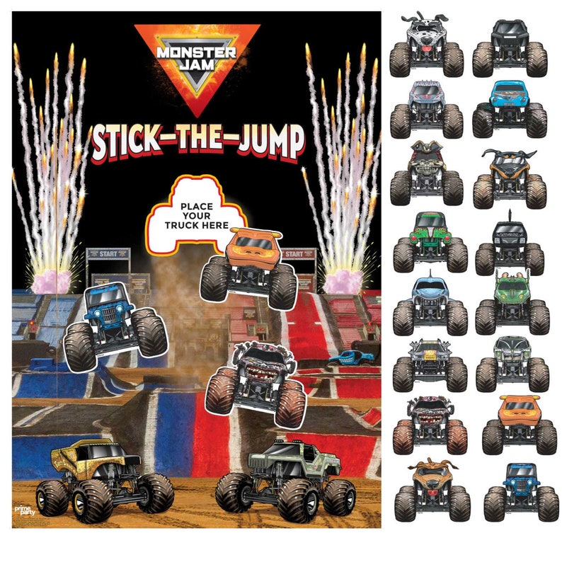 May include: A Monster Jam Stick-the-Jump game with a colorful background and a variety of monster trucks to choose from. The game includes a place to place your truck and a target to aim for.
