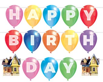 Disney Pixar UP Happy Birthday Banner | Adventure Birthday Party Decorations | Balloon House Birthday Banner | Pixar Party Supplies