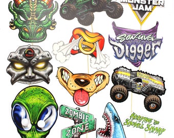 May include: A set of 10 monster truck themed photo booth props. The props include a green monster truck, a green dragon, a yellow monster truck, a purple monster truck, a green alien, a shark, a zombie sign, a dog, a monster jam sign, and a digger sign.