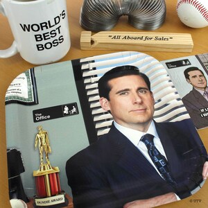 May include: A The Office themed serving tray featuring a portrait of Michael Scott, the character's name, and the text "The Office". The tray is decorated with a gold Dundie Award trophy and the text "Dundie Award".