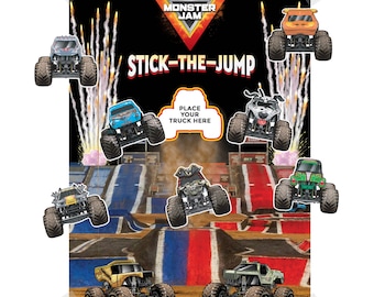 Monster Jam Stick-the-Jump Party Game (16 Players) w/ Black Polyester Blindfold.  Choose from 16 different Trucks including Grave Digger