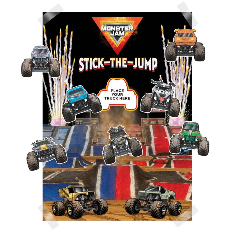 May include: Monster Jam Stick-The-Jump game featuring a black background with a red, white, and blue track. The game includes 8 monster trucks with different colors and designs. The game includes the text "Monster Jam" and "Stick-The-Jump".