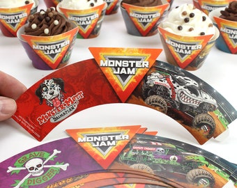 Monster Jam Cupcake Wrappers (Pack of 12), Features a Different Truck on Each One. Birthday Party Cup Cake Decoration Kit Fits Most Cupcakes