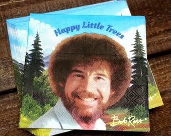 Bob Ross &quot;Happy Little Trees&quot; Cocktail Napkins (20 pack) Paper Napkin Birthday Party, Decoupage Napkins, Landscape and Mountain Paintings,