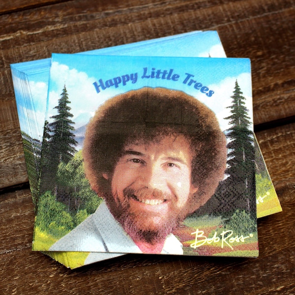 Bob Ross « Happy Little Trees » Serviettes de cocktail (pack de 20) Fête d’anniversaire de serviette en papier, Serviettes de découpage, Peintures de paysage et de montagne,