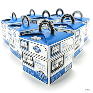 May include: A stack of blue and white boxes with a handle on top. The boxes are labeled "Dunder Mifflin Paper Company" and "Premium Copy Paper". The boxes are stacked on a white surface.