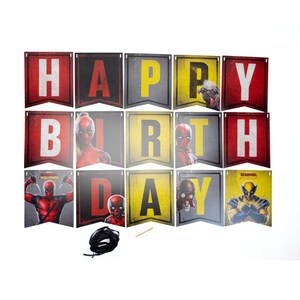 May include: A "Happy Birthday" banner featuring individual pennants with red, black, and yellow backgrounds. Each pennant displays a letter or a character image, including Deadpool and Wolverine. A black string and a small wooden stick are included.