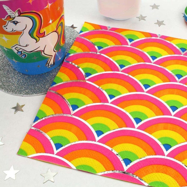 Rainbow Napkins (20/Pack), Bright Colors, Colorful Pattern, Silver Foil, Decoupage, First Birthday Parties, Collage Tissue Paper Decorations