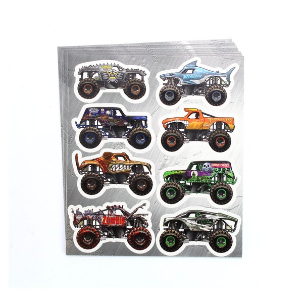 Monster Jam Stickerbogen (8 Stück) - 8 Sticker pro Bogen. 12cm Durchmesser, kann gut als Gastgeschenk für die Geburtstagsparty oder für DIY Monstertruck-Projekte verwendet werden