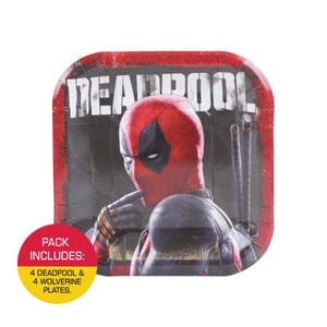 May include: Square paper plates featuring Deadpool in his red and black costume. The plates have a red border and the word "DEADPOOL" in white block letters. A yellow circle indicates the pack includes 4 Deadpool and 4 Wolverine plates.