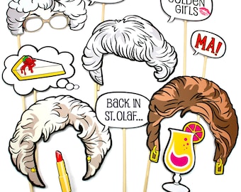 May include: Set of 7 Golden Girls themed photo booth props. The props include a cheesecake, a lipstick, a cocktail glass, a wig, and three speech bubbles with the text "Big Smile, Pussycat", "These are my Golden Girls", and "Ma!"