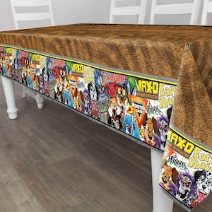 May include: A brown plastic tablecloth with a colorful border featuring cartoon monster trucks and the text "Max-D Earth Shaker" and "Monster Jam".