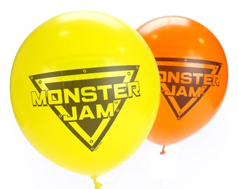 Monster Jam Latex Balloons (Pack of 12)– 6 Orange and 6 Yellow, Each Printed with a Black Monster Jam Logo.  Great Birthday Party Decoration
