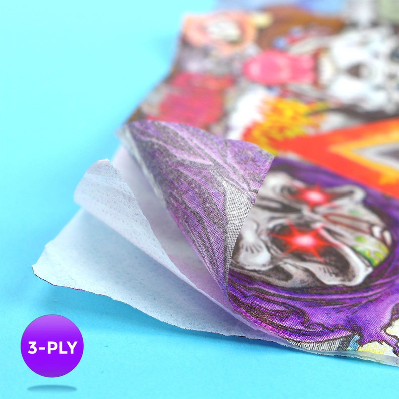 May include: Close-up of a multi-layered paper napkin with a skull and crossbones design. The napkin is purple, white, and black with red eyes. The text "3-PLY" is visible in the lower left corner.