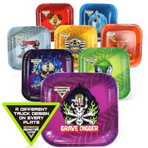Puede incluir: Juego de 8 platos de papel cuadrados con diferentes dise&ntilde;os de camiones Monster Jam. Cada plato tiene un dise&ntilde;o de cami&oacute;n diferente, incluyendo Grave Digger, Max-D, El Toro Loco, y m&aacute;s. Los platos son perfectos para una fiesta con tem&aacute;tica de Monster Jam.