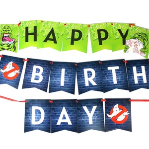 Ghostbusters Happy Birthday Banner - 17 Flags | Slimer & No Ghost Symbols | Perfect for Ghostbusters Parties, Birthdays, and Themed Events