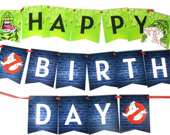 Ghostbusters Happy Birthday Banner - 17 Flags | Slimer & No Ghost Symbols | Perfect for Ghostbusters Parties, Birthdays, and Themed Events