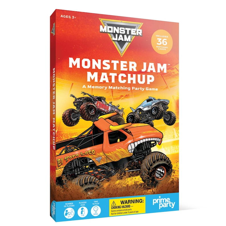 May include: A Monster Jam Matchup memory matching party game box. The box is red and features illustrations of monster trucks, including El Toro Loco. The box includes 36 matching cards and is for ages 3+.
